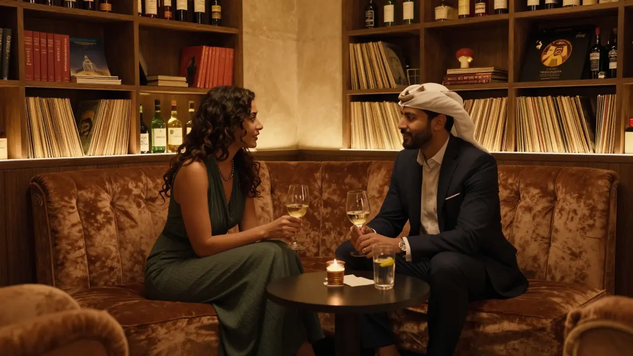 A couple in an intimate lounge chatting over wine, surrounded by books and soft jazz lighting.
