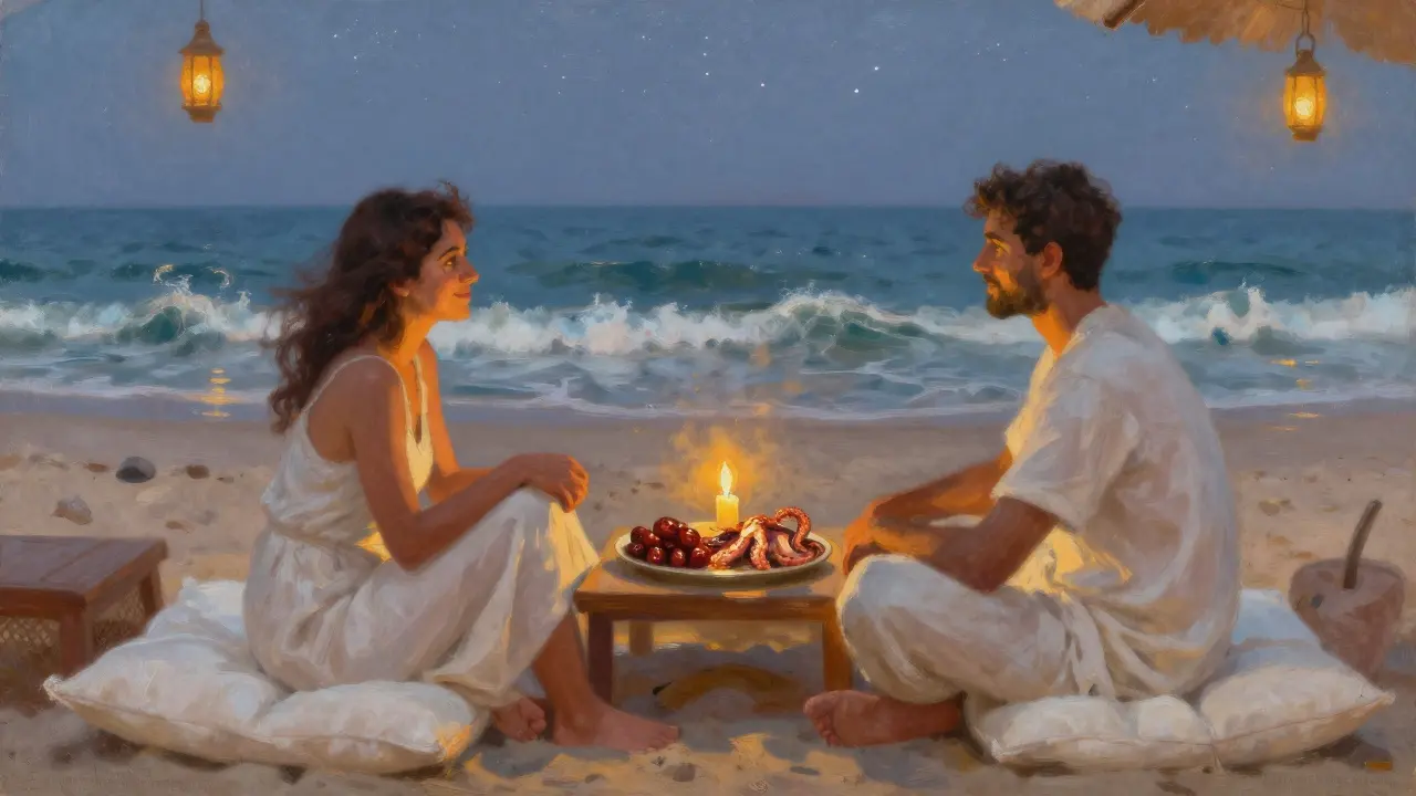 A couple relaxes barefoot on a beachside lounge with candles and waves in the background.