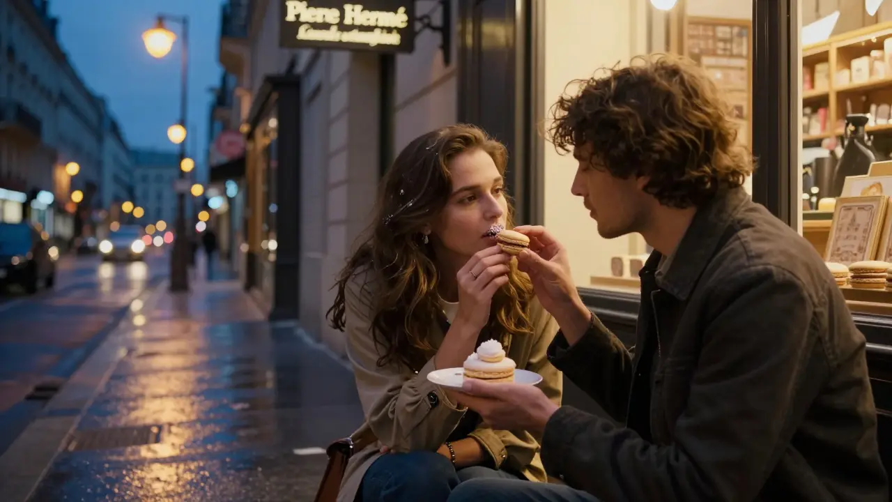 A couple shares a macaron at midnight outside a Parisian patisserie, soft neon lights glowing on the quiet street.