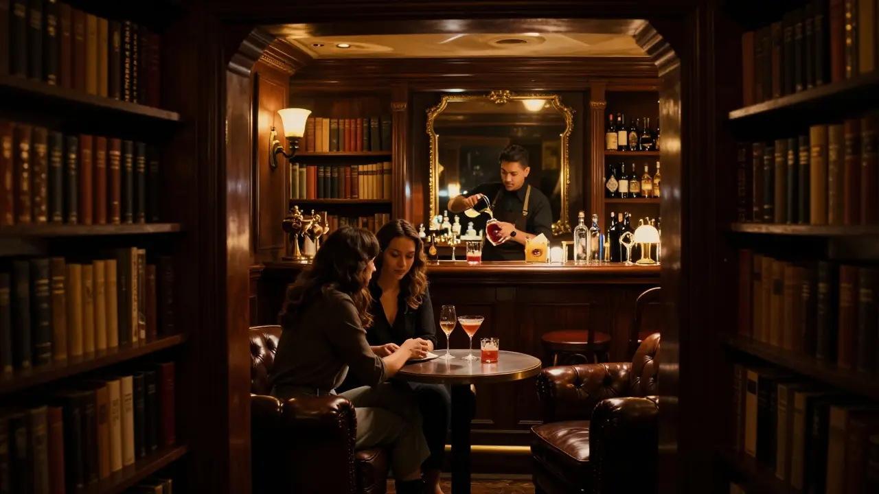 A couple sits in a hidden speakeasy bar lit by warm amber light, surrounded by vintage books.