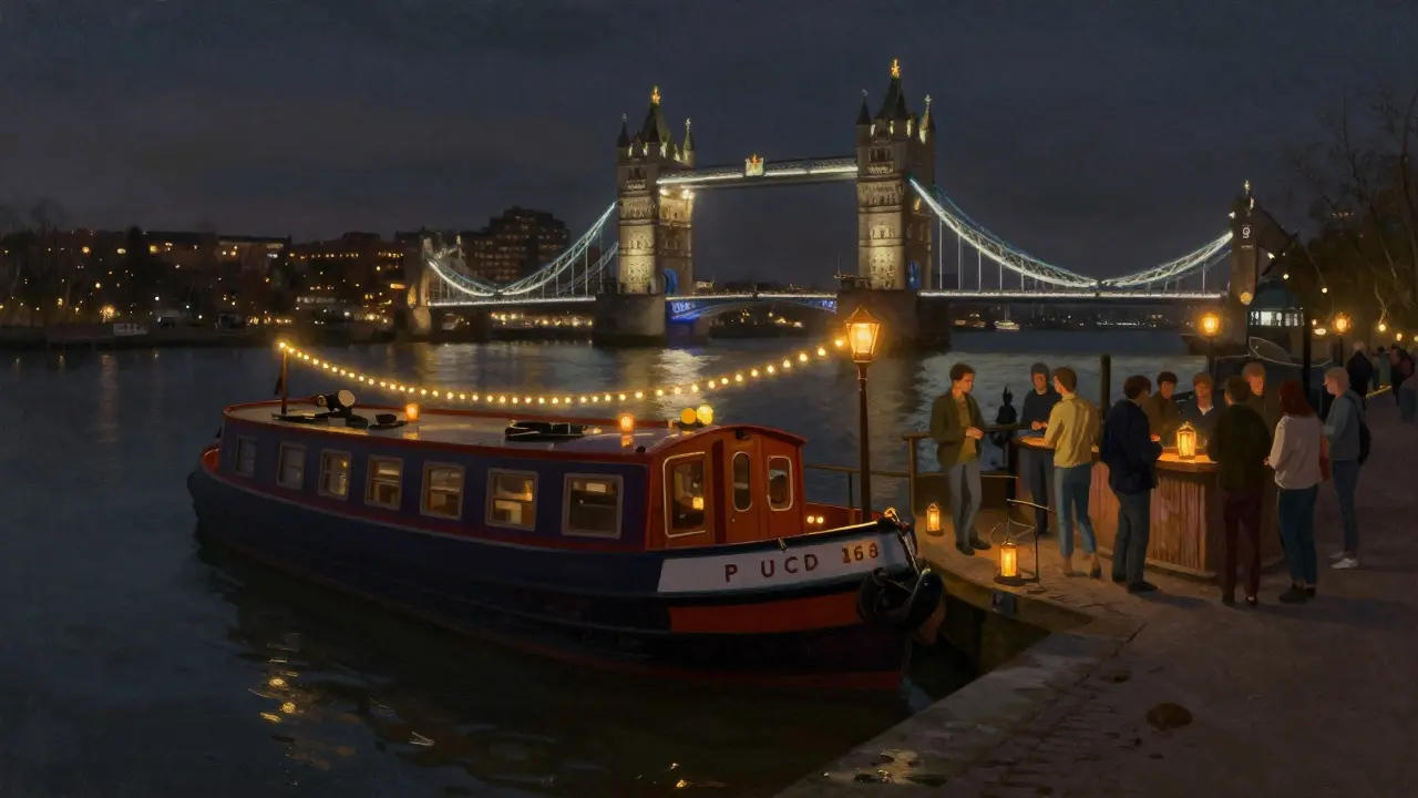 A cozy floating bar on the Thames at night, lit by string lights and candles, with guests enjoying drinks by the water.