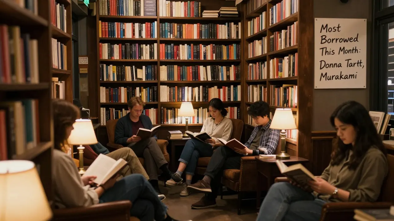 A cozy pub room filled with floor-to-ceiling books, patrons reading quietly under lamps.