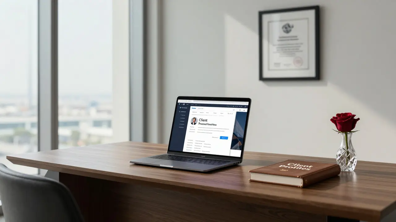 A discreet professional escort agency office with a secure client portal and minimalist decor in Abu Dhabi.