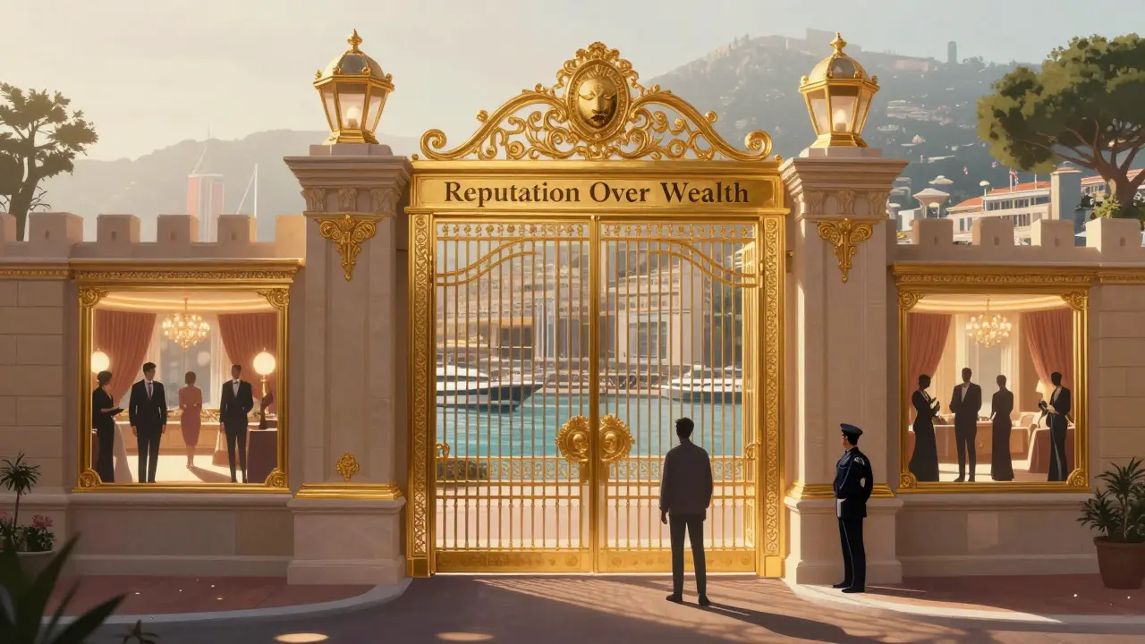 A golden gate blocks a lone outsider as elite figures move unseen behind it, symbolizing Monaco’s exclusive nightlife.