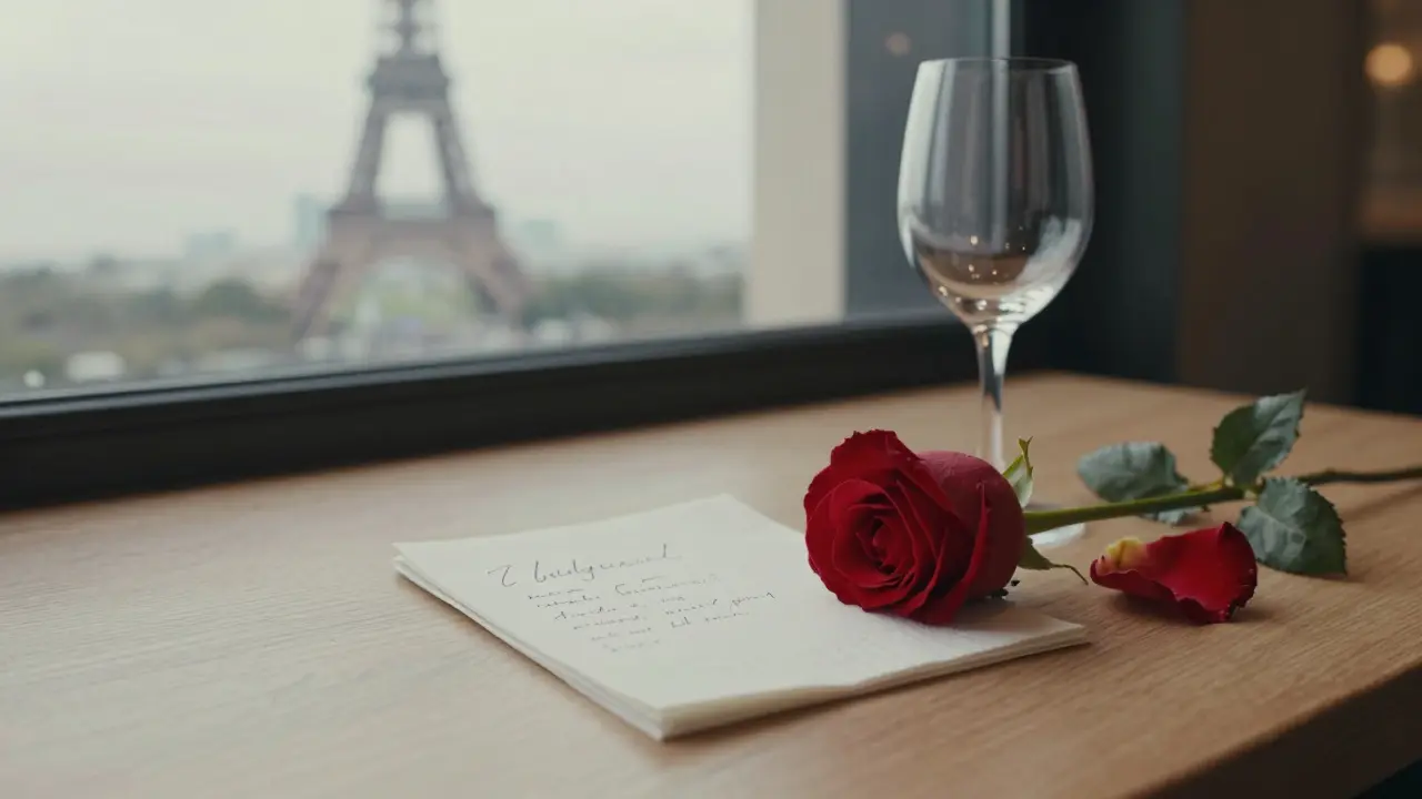 A handwritten note and a single red rose left on a bistro table after a meaningful evening.