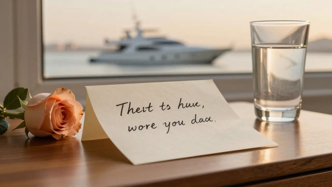 A handwritten note and rose on a nightstand, symbolizing a respectful, memorable evening.
