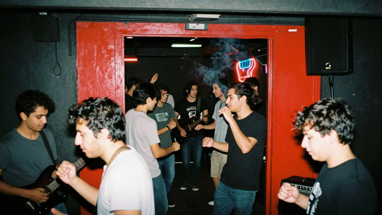 A hidden basement venue with a live band and energetic crowd under dim red lighting.