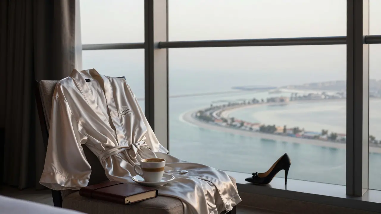 A luxurious hotel penthouse at dawn with an empty robe and coffee cup, morning light streaming in.