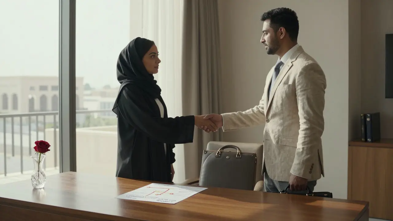 A luxury hotel concierge office with a handwritten itinerary and a single rose on a wooden desk, morning light streaming in.