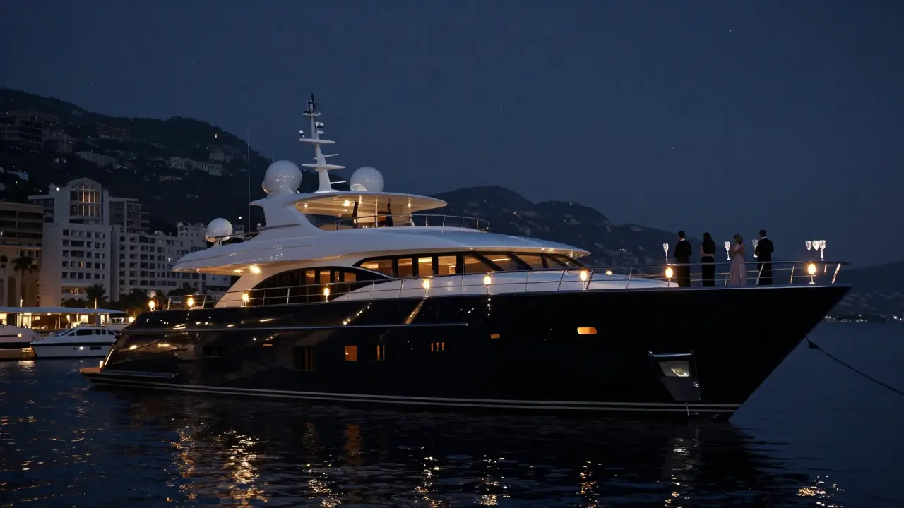 A luxury superyacht floating at midnight in Monaco's harbor, guests silhouetted against starlit water.