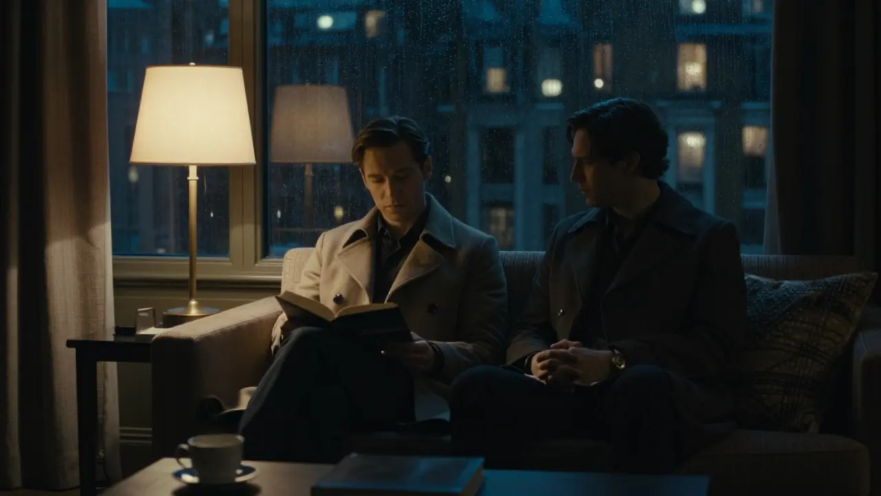 A man and companion sitting in stillness together in a softly lit London apartment at night.