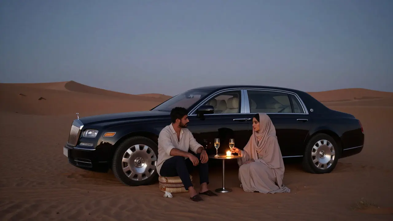 A man and woman sharing a quiet moment on a desert dune at twilight with wine and candlelight.