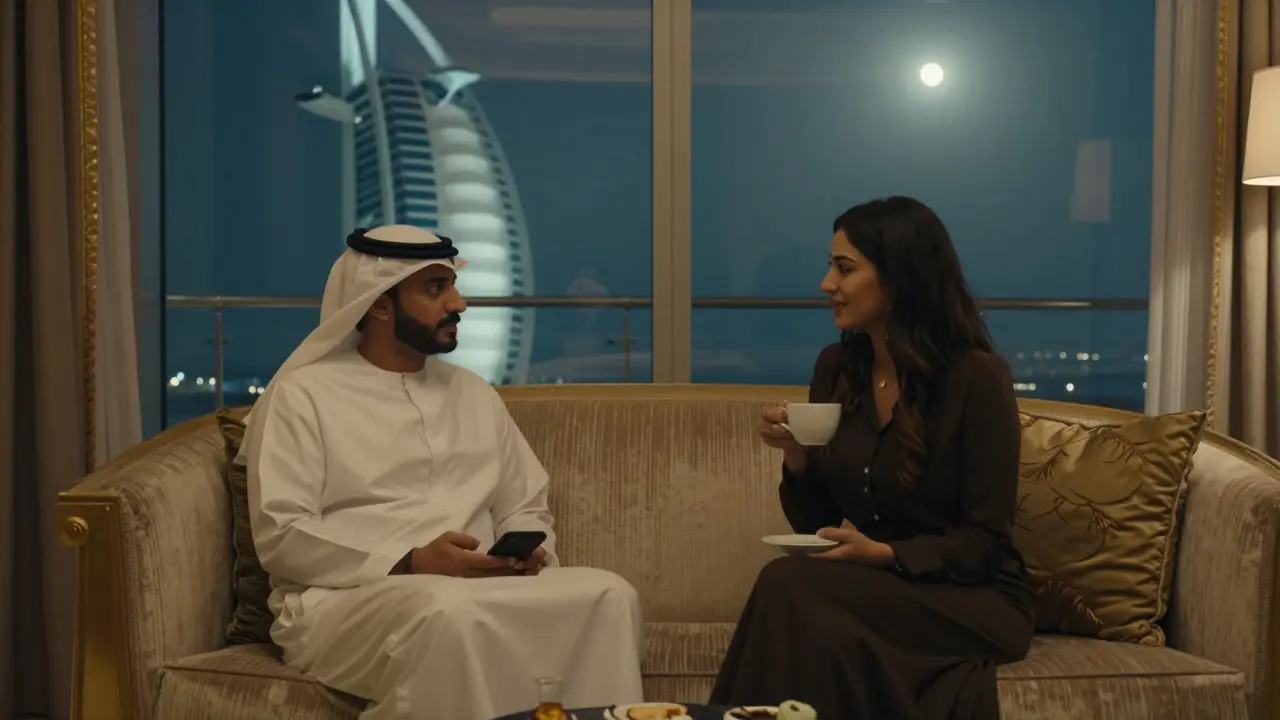 A man and woman sharing a thoughtful moment in a luxurious Dubai hotel suite.