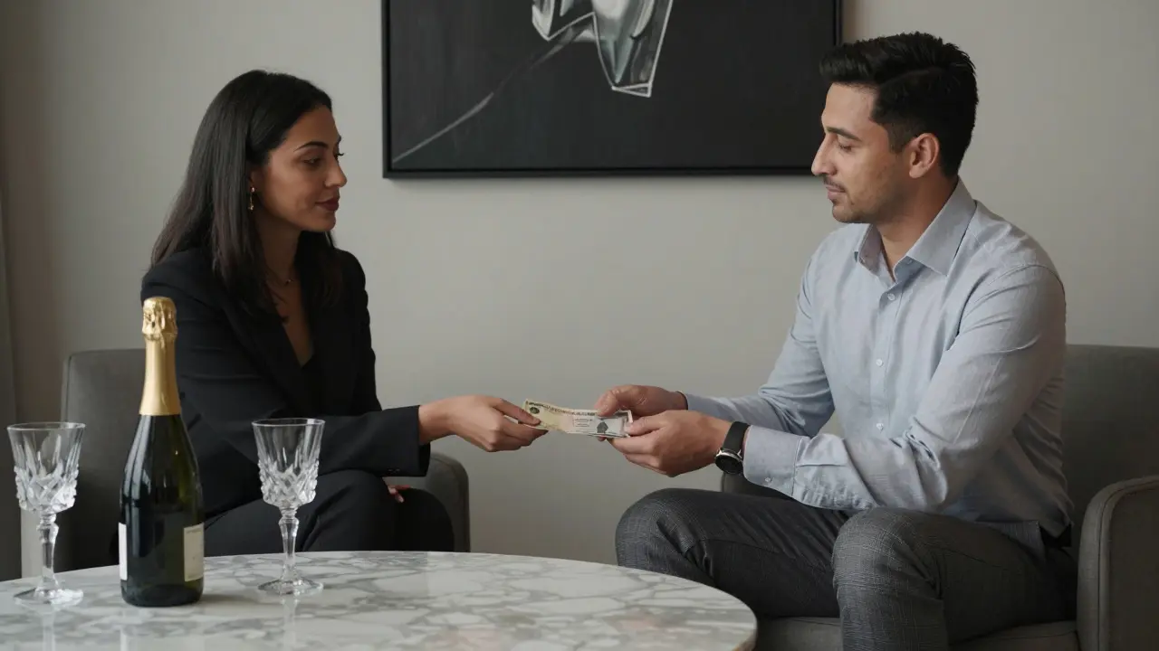 A man handing cash to a woman in a high-end lounge, both seated calmly at a marble table with champagne glasses nearby.