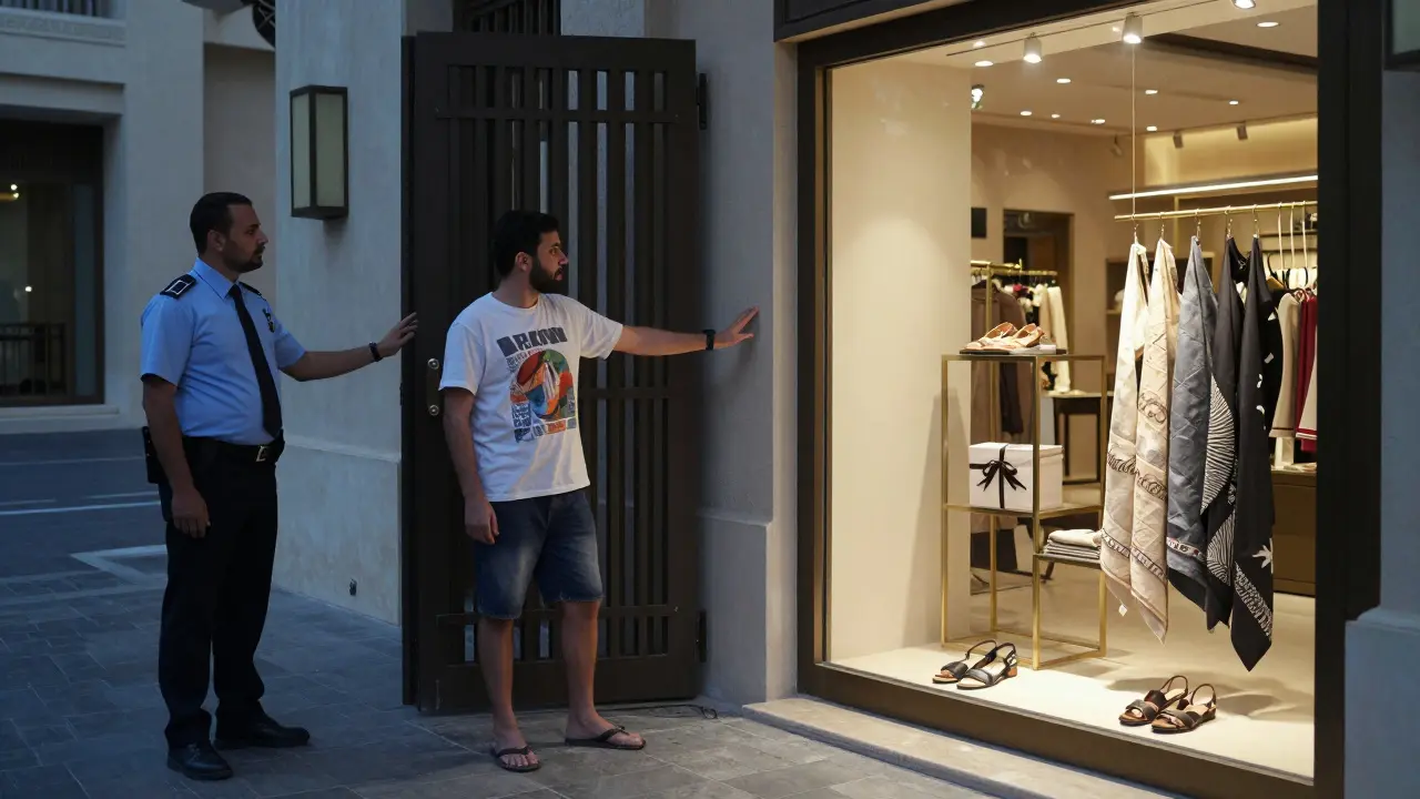 A man in inappropriate clothing is directed toward a gift shop offering modest wraps, highlighting Dubai's dress code expectations.