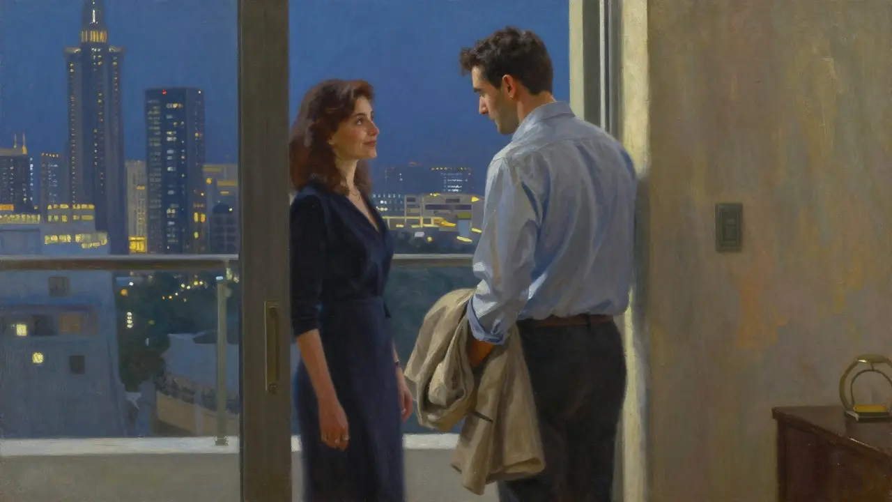 A man pausing at a doorway to thank a woman with a sincere nod, Dubai skyline glowing softly behind them.