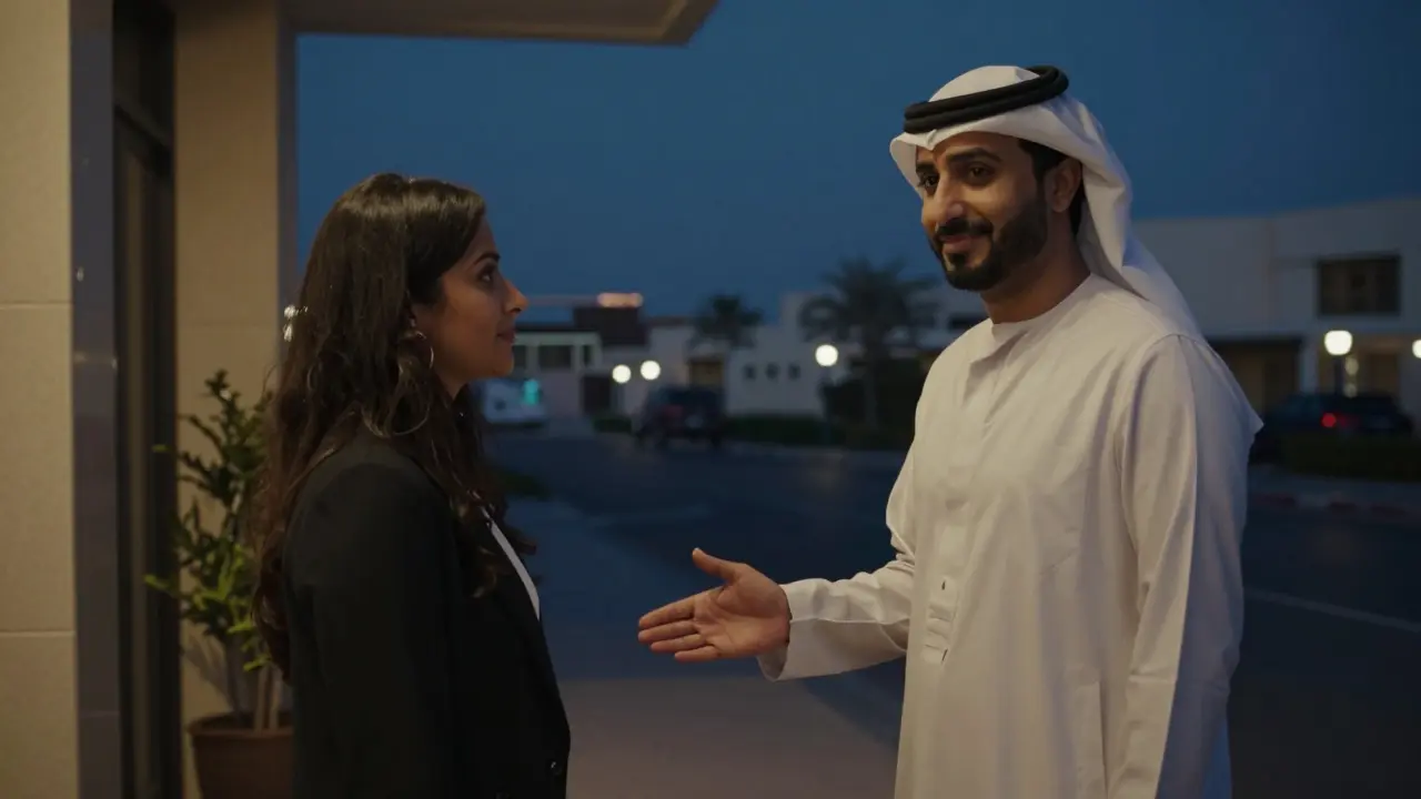 A man thanks an escort with eye contact and quiet respect at a hotel exit at dusk.
