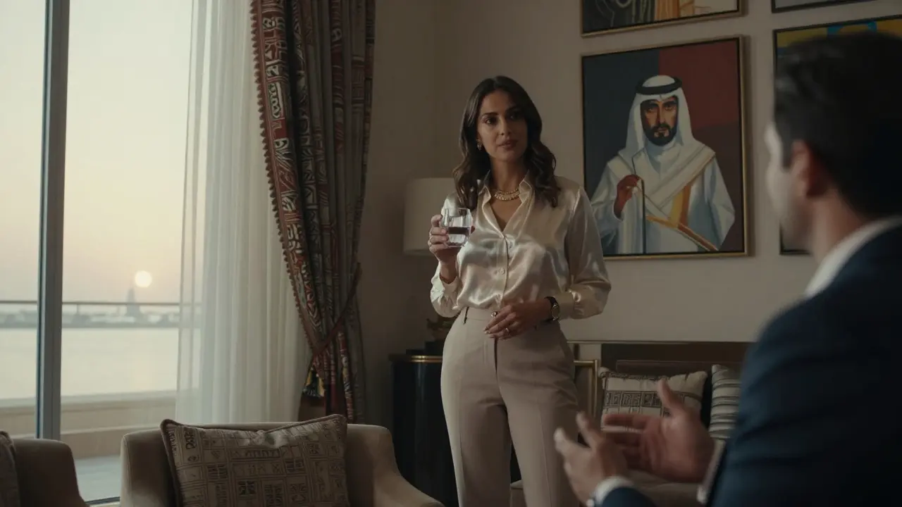 A poised woman listening intently in a luxury lounge, surrounded by Emirati art and natural light filtering through windows.
