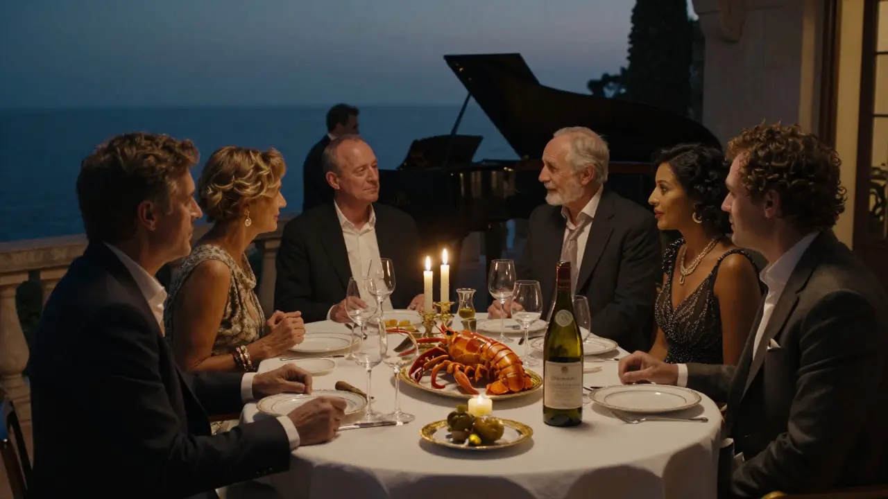 A private dinner at La Réserve: six elegantly dressed guests at a candlelit table with gold-leafed seafood under soft jazz lighting.