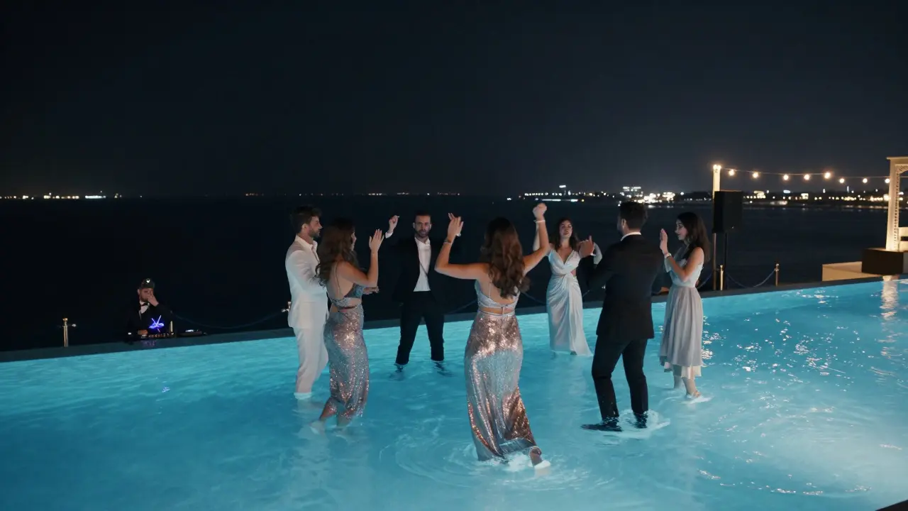 A rooftop infinity pool at Emirates Palace glowing under moonlight, with guests dancing in luxury attire.