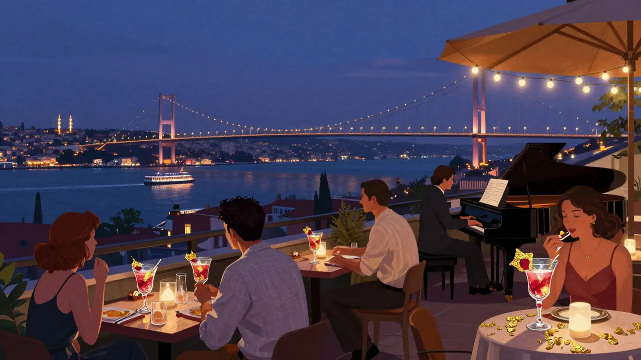 A rooftop lounge in Beşiktaş with a jazz pianist, Bosphorus Bridge in the distance, and guests enjoying cocktails at twilight.