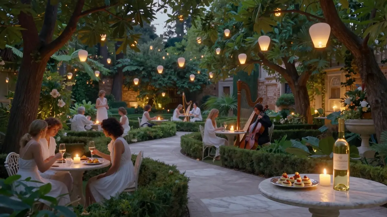 A secret garden lit by lanterns, guests in white attire enjoying music and wine under ancient trees.