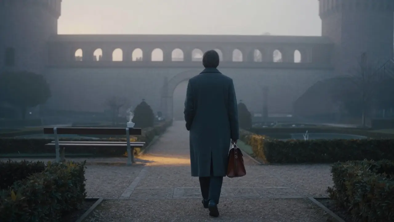 A serene figure walks through misty Sforza Castle gardens at dawn, embodying calm and discretion.