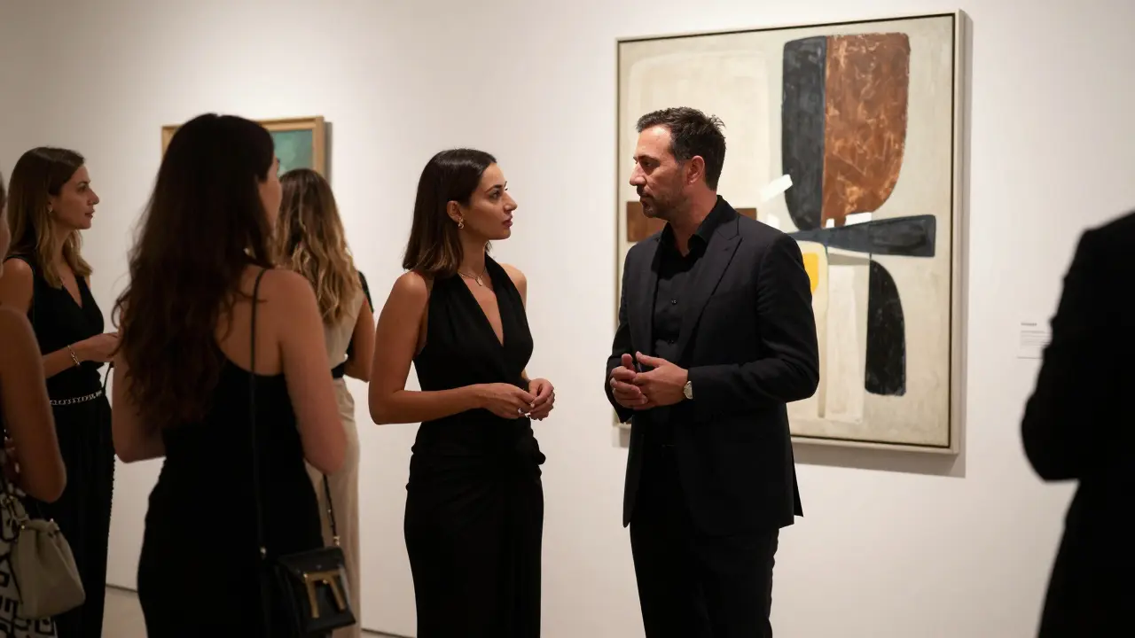 A sophisticated woman in black gown engaging in calm conversation with a guest at an exclusive Dubai art gallery opening.