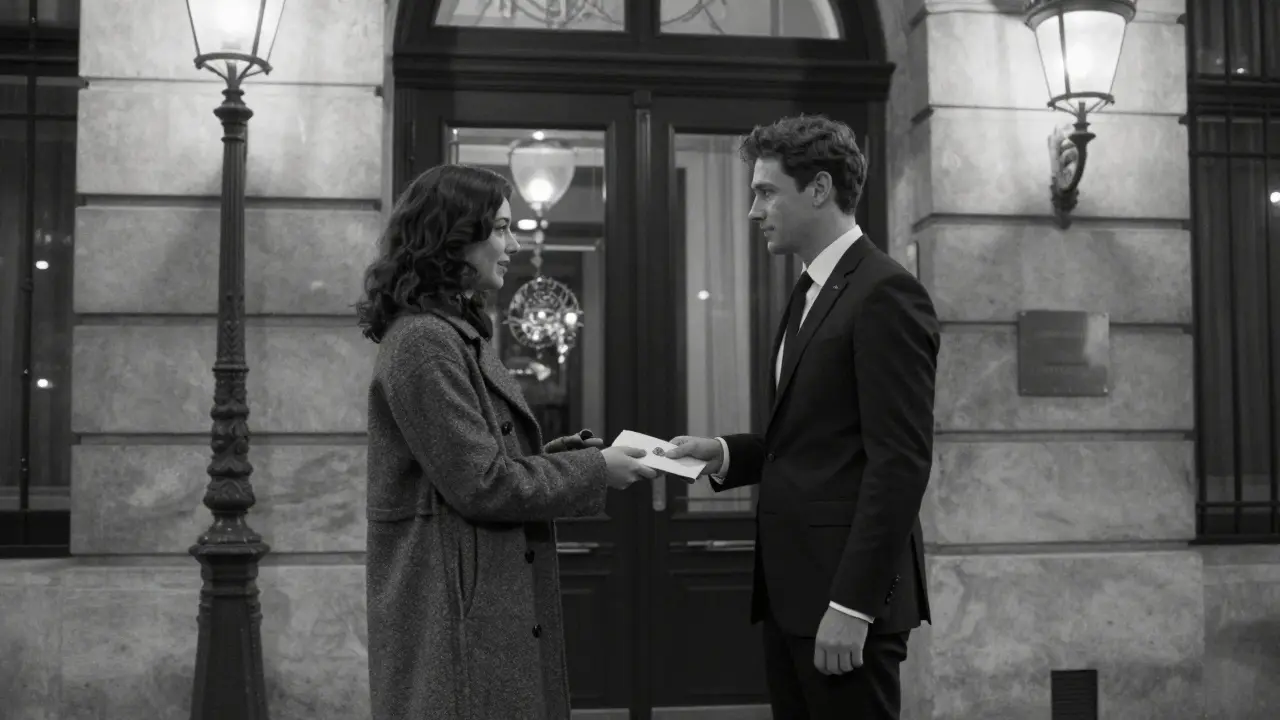 A woman hands an envelope to a man outside a luxury Paris hotel, their exchange quiet and respectful under a streetlamp.