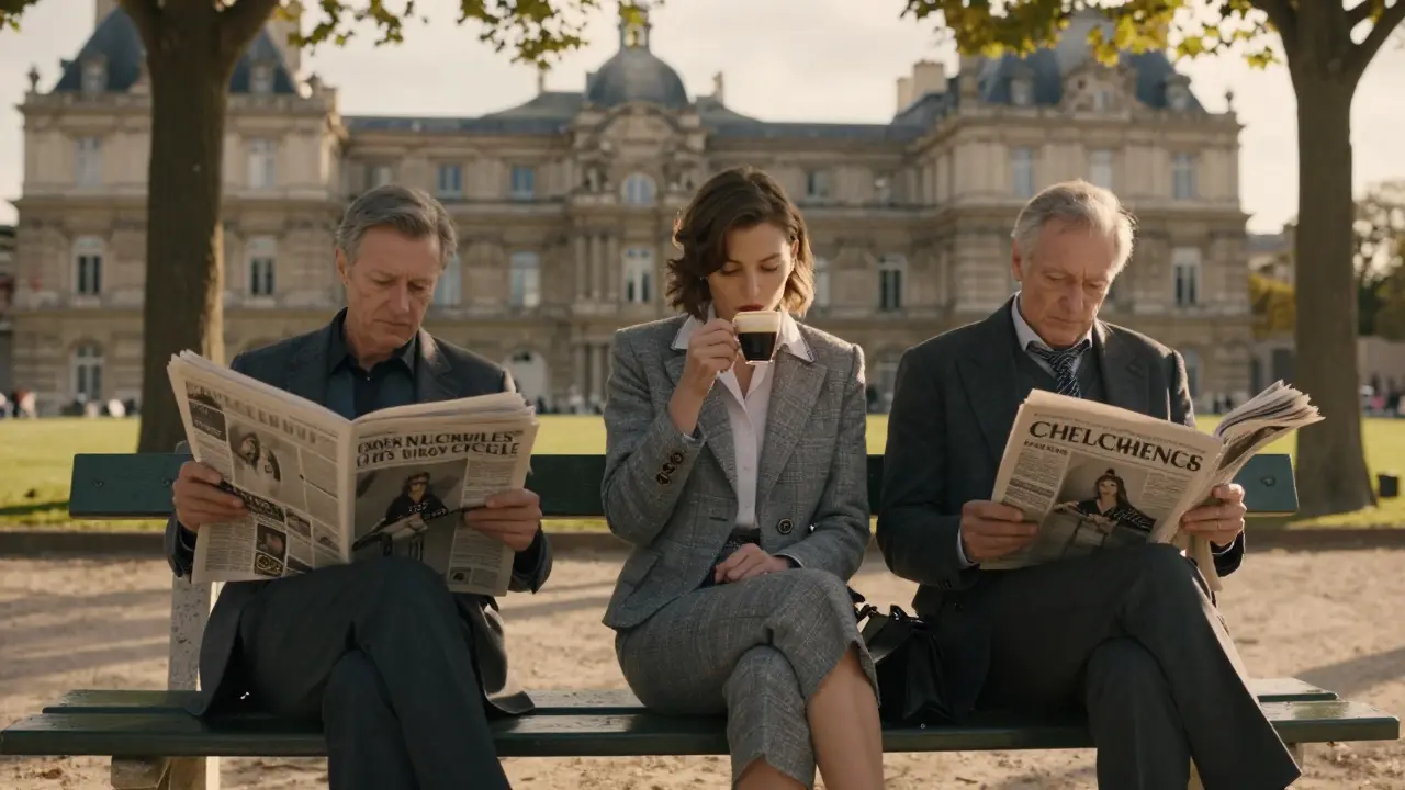 A woman in a classic suit sits alone on a park bench at sunset in Luxembourg Garden, golden light filtering through trees.