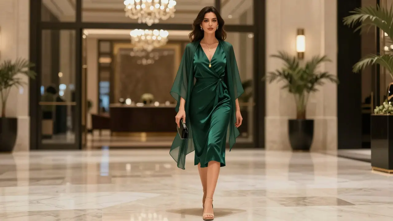 A woman in an elegant silk dress walks past Armani Hotel in Dubai, wearing a shawl and polished footwear, exuding refined style.