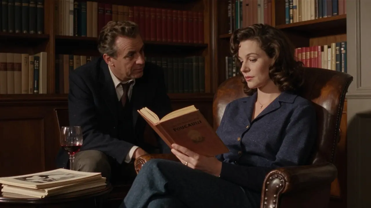 A woman reading philosophy in a book-filled Parisian study, deeply engaged.