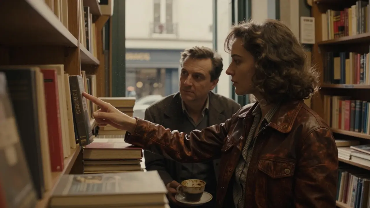 A woman recommending a book to a listener in a cozy Montmartre bookstore.