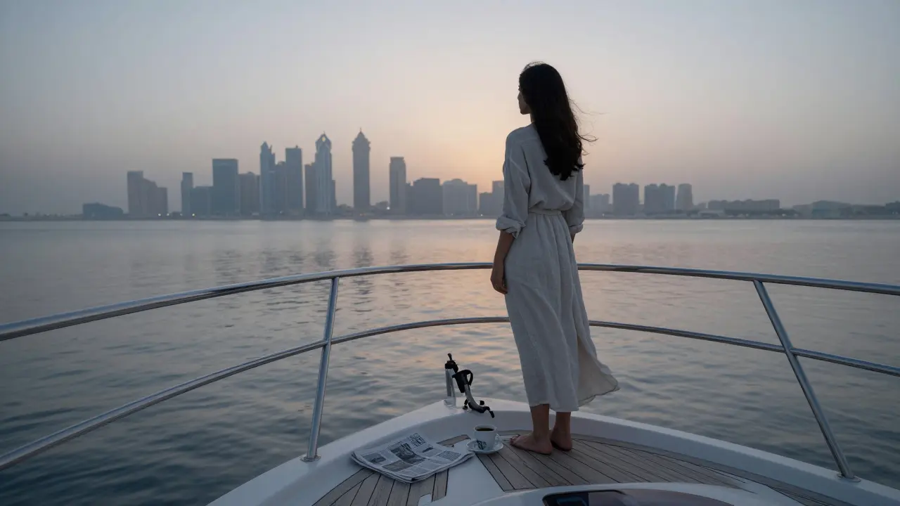 A woman standing alone at sunrise on a private yacht, gazing at the horizon with calm dignity.