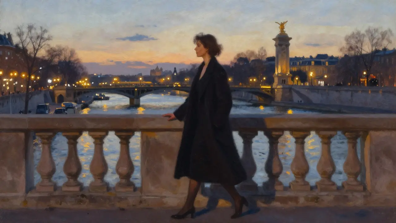 A woman walking alone along the Seine at sunset, elegant and unposed.