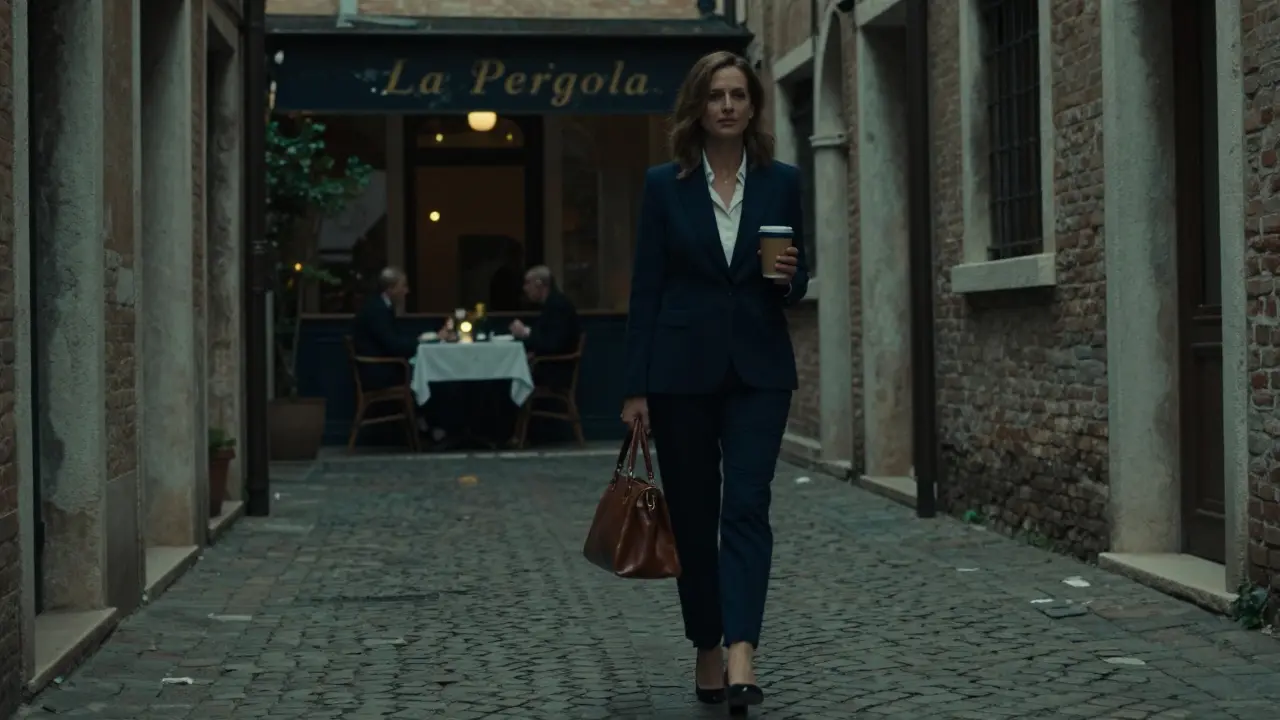 A woman walking alone through Milan's Navigli district at dusk, hinting at hidden exclusivity and quiet companionship.