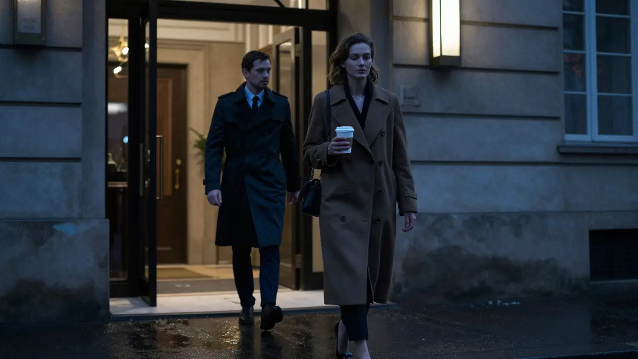 A woman walking away from a hotel in Berlin at night, rain reflecting on the pavement.