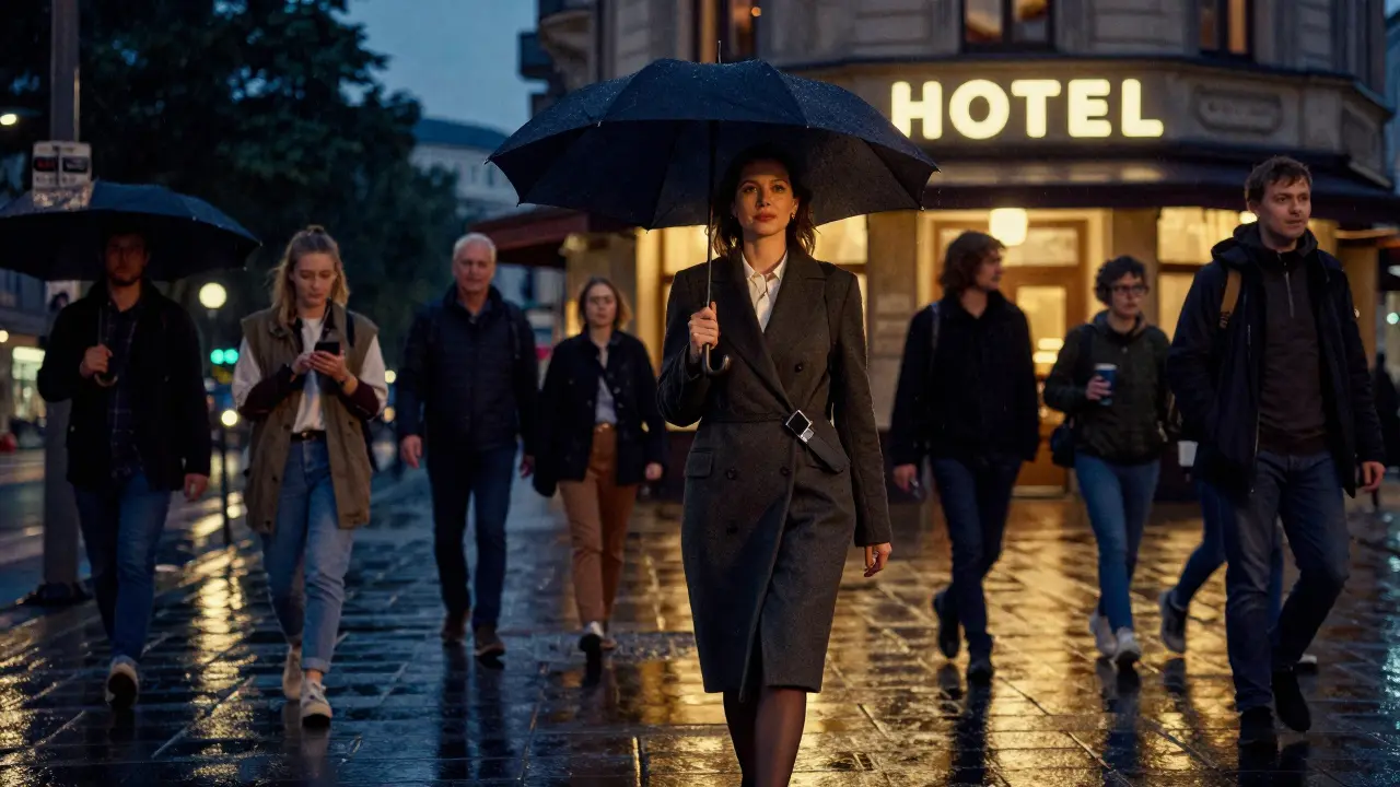 A woman walking confidently through rainy Berlin streets at night.