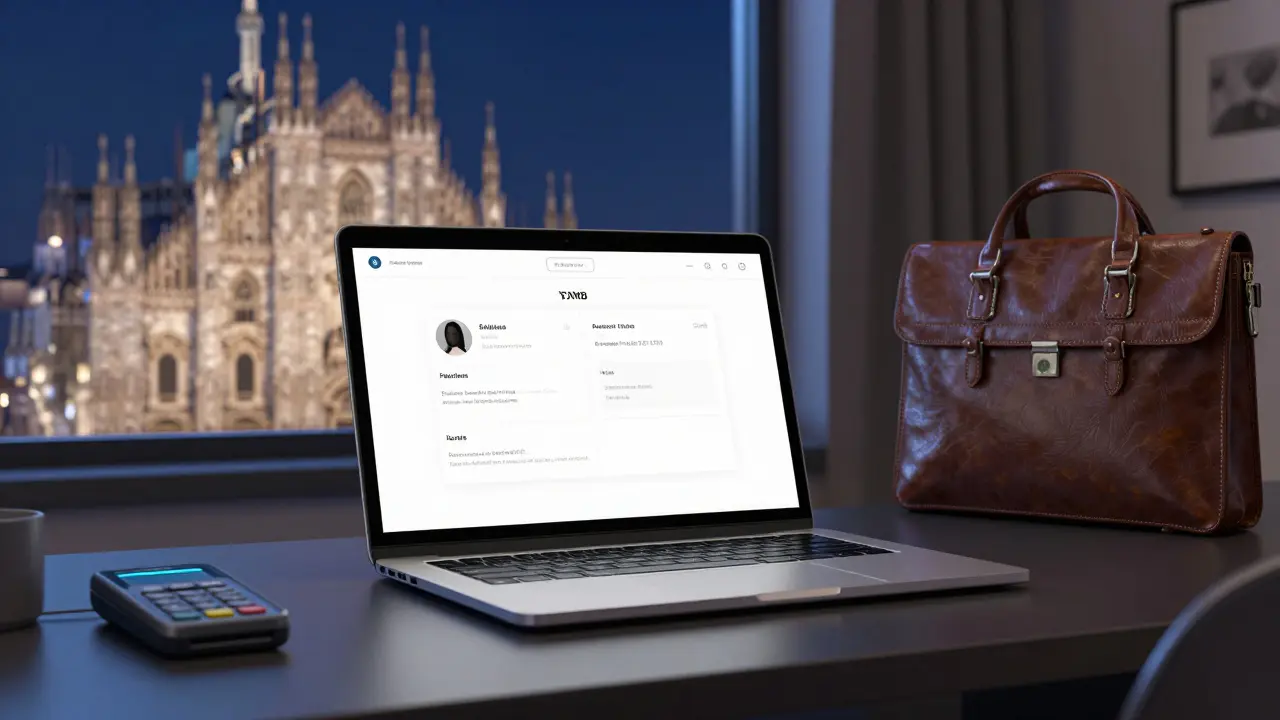 An anonymous client portal on a laptop showing discreet escort profiles without photos or names, in a hotel room with Milan's cathedral visible outside.