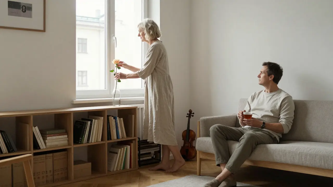 An elderly woman placing a rose in a vase beside philosophy books in a sunlit Berlin studio.
