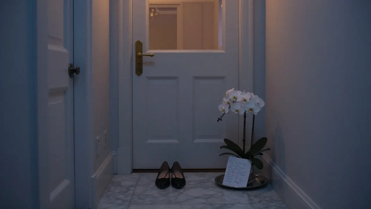 An empty hallway in a Kensington townhouse with shoes and orchids hinting at a private evening.