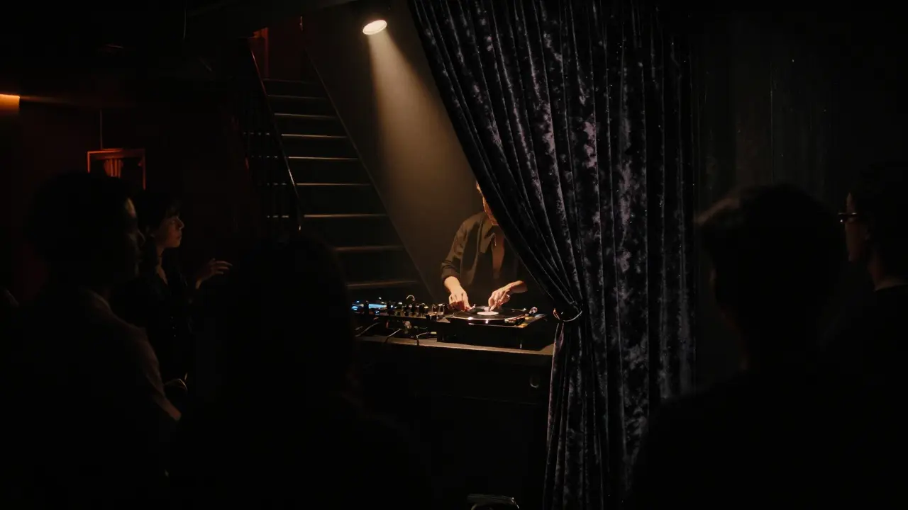 An underground club entrance behind a velvet curtain, lit by a single spotlight on a vinyl DJ spinning in the shadows.