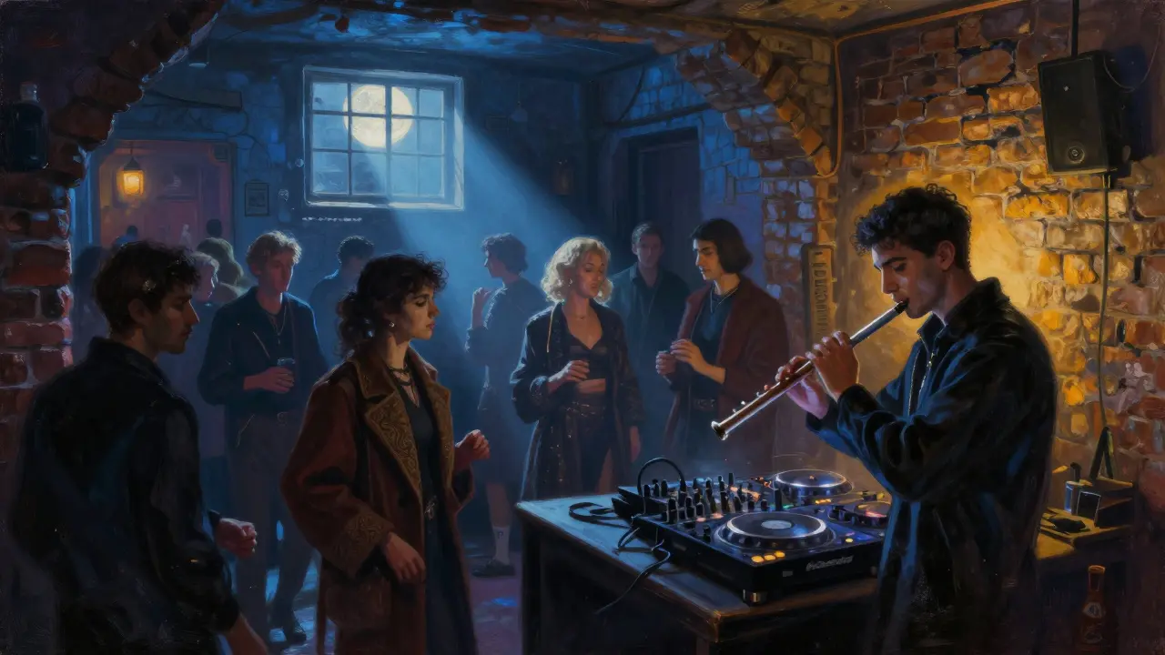 An underground club in Karaköy where a DJ mixes traditional ney flute with house music, surrounded by a diverse, motion-filled crowd.