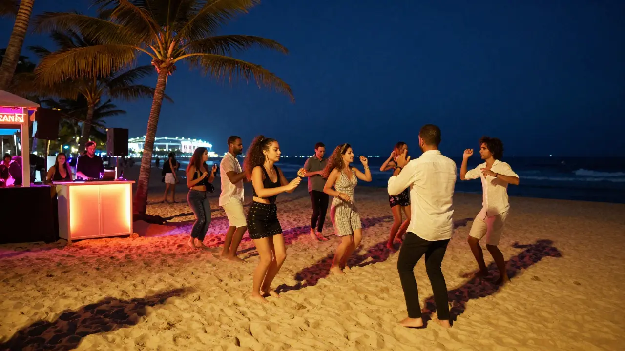 Beachside bar at midnight with people dancing on sand under neon palm trees.