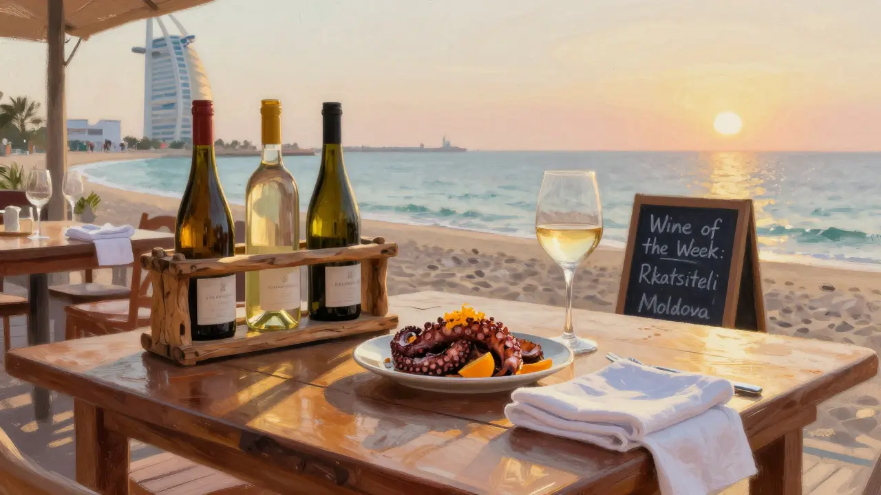 Beachside wine terrace at sunset with grilled octopus and a bottle of wine on a wooden table.