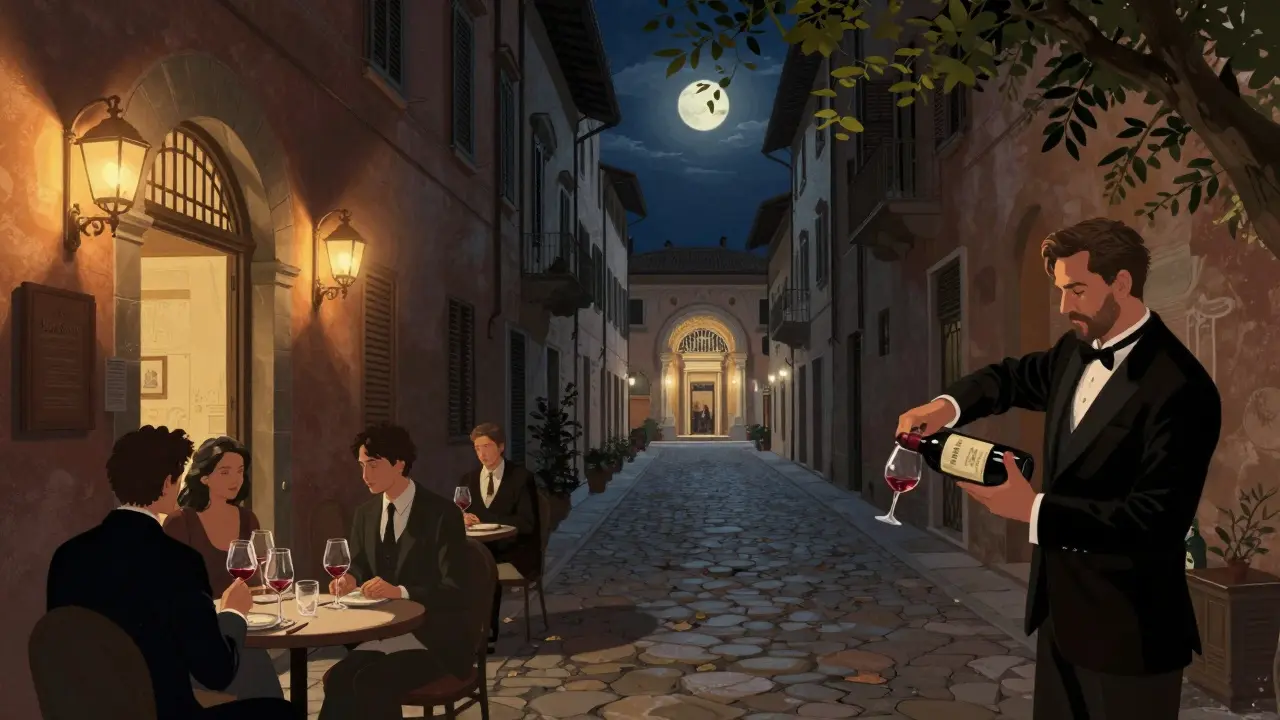 Brera's cobblestone street at night, patrons sipping wine outside Bar del Fico with art gallery lit in background.
