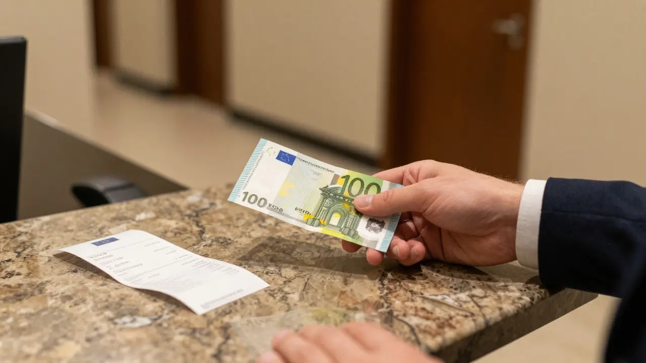 Cash and a receipt on marble counter, symbolizing a respectful, agreed-upon professional transaction.
