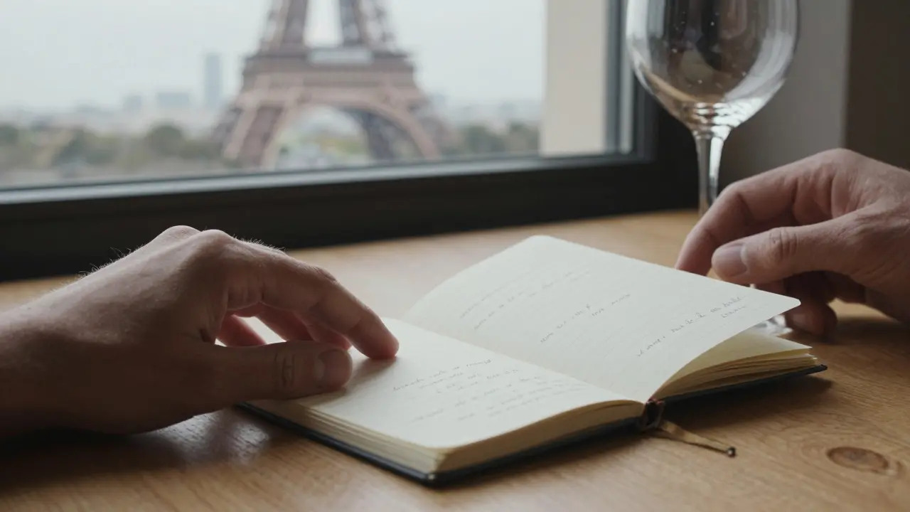 Close-up of hands placing a notebook with handwritten notes on a wooden table, soft light from a Paris window.