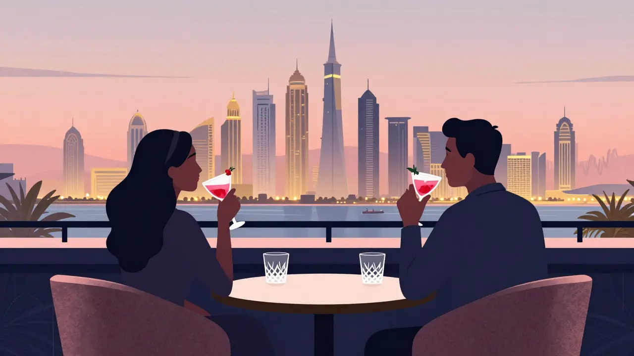 Couples enjoying cocktails on a luxurious rooftop as Abu Dhabi’s skyline glows behind them at sunset.