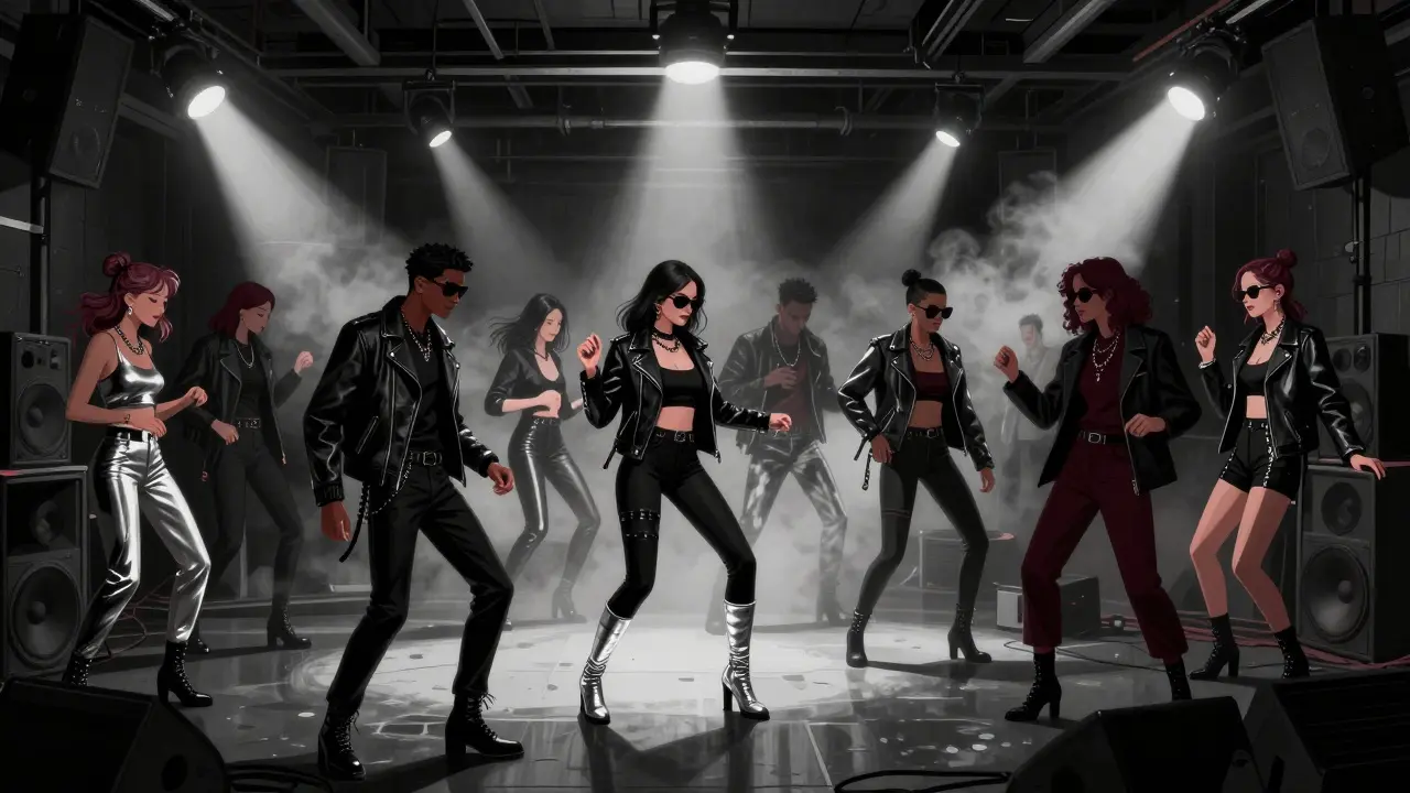 Crowd dancing at Fabric nightclub in edgy streetwear under industrial lighting and smoke.